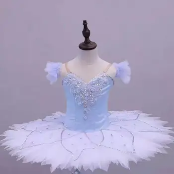 Профессиональная балетная пачка Для детей, балетное платье-пачка для девочек, небесно-голубой бархатный лиф, блинчики, танцевальные костюмы 
