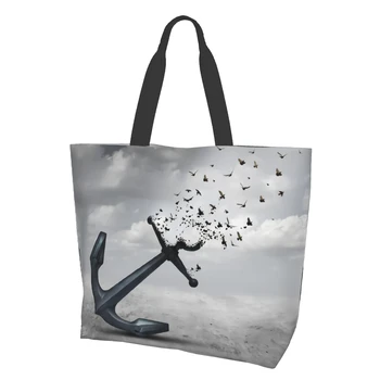 Психологический якорь, отпускающий летающих птиц, абстрактная метафора, холщовая сумка для женщин, сумки для продуктов на кухню выходного дня