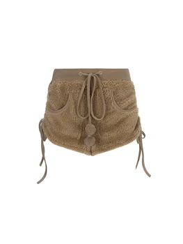 Пушистые плюшевые женские короткие брюки из мягкой овечьей шерсти с высокой талией, завязывающиеся в стиле пэчворк, однотонные мини-брюки в стиле Харадзюку, Винтажный шик