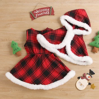 Рождественский комплект детских костюмов из 2 предметов, клетчатое платье без рукавов с круглым вырезом для девочек + плащ с капюшоном на осень-зиму, 2-7 лет