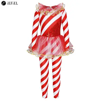 Рождественский костюм конфетной трости для девочек, цельный танцевальный комбинезон Санта-Клауса с блестками, боди для рождественской вечеринки