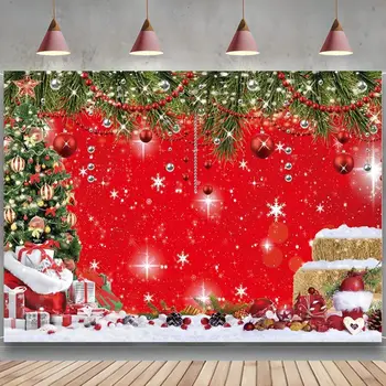 Рождественский фон Фотография для семейной вечеринки в канун Нового года Красный фон для веселого Рождества Рождественская елка Снежный фон баннер для вечеринки