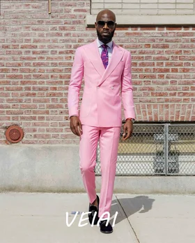 Розовые мужские костюмы, 2 предмета, Двубортный блейзер с отворотами, смокинги, свадебная одежда жениха, Мужской костюм для выпускного вечера, вечеринка