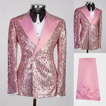 Розовые мужские костюмы, сшитые на заказ, 2 предмета, блейзер, брюки, двубортный, с блестками, атласный, с отворотом, сшитый на заказ женихом для деловой свадьбы