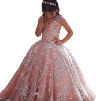 Розовые платья с блестками для девочек-цветочниц с принтом, свадебные платья для принцессы, платья для первого причастия, подарок на день рождения для детей