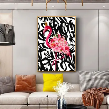 Розовый фламинго, граффити, холст, арт-плакат, настенное искусство, абстрактное изображение фламинго и цветов для домашнего декора гостиной