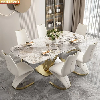 Роскошная дизайнерская столовая, обеденный стол из мраморной плиты, 6 стульев, мебель mesas comedor, мрамор, Нержавеющая сталь, золотое основание
