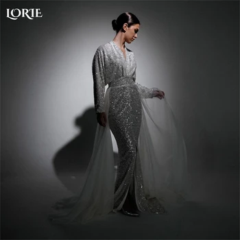 Роскошные блестящие свадебные платья LORIE в стиле Русалки с глубоким V-образным вырезом и длинными рукавами, блестящие облегающие свадебные платья, блестящее пляжное платье невесты 2023