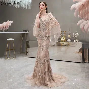 Роскошные вечерние платья русалки телесного цвета с V-образным вырезом 2023, шаль без рукавов, пряжа, перья, сексуальное вечернее платье Serene Hill GLA70171
