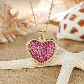 Роскошные ожерелья с подвесками в виде большого сердца для женщин Золотого цвета с розово-красным цирконом, Свадебные, Обручальные, ожерелье для ключиц, ювелирные изделия для влюбленных