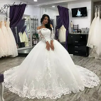 Роскошные свадебные платья с вырезом лодочкой и длинными рукавами 2023 Бальное платье принцессы Кружевные аппликации Арабские Платья невесты из Дубая Vestidos De Novia