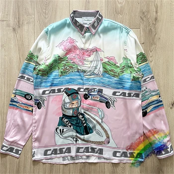 Рубашка Casablanca с длинным рукавом Для мужчин И женщин, Гавайские пляжные шелковые рубашки с гавайским автомобильным принтом