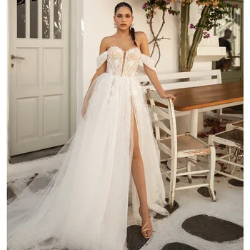 Свадебное платье с иллюзионной шнуровкой для невесты, милое макси-платье с разрезом на плечах, платье трапециевидной формы с открытой спиной, сшитое на заказ