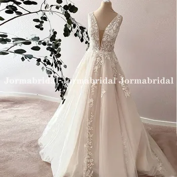 Свадебное платье цвета шампанского с двойным V-образным вырезом и цветочной аппликацией, Прозрачное тюлевое платье трапециевидной формы с открытой спиной, свадебные платья для новобрачных Vestidos