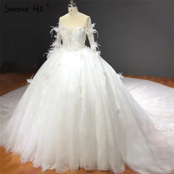 Свадебные платья с круглым вырезом из белых высококачественных цветов и перьев 2023, сексуальные платья невесты с кристаллами с длинным рукавом HA2278 на заказ