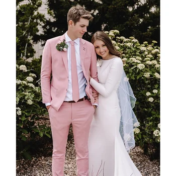 Свадебный костюм для мужчин Приталенный Розовый блейзер из 2 частей, комплект брюк для жениха, Классические официальные наряды, Одежда для шафера, однобортная пуговица