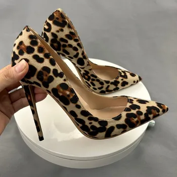 Сексуальные замшевые леопардовые Женские туфли на тонких высоких каблуках Сексуальная базовая обувь женщина партия узкие неглубокие указал размер ноги 43 44 45
