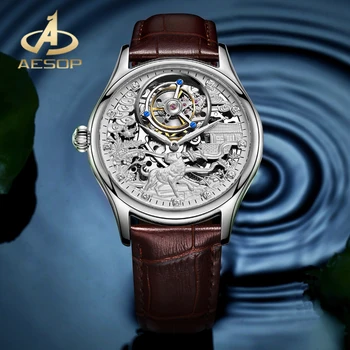 Серебряные мужские наручные часы AESOP со скелетом из нержавеющей стали, настоящие механические часы с турбийоном, водонепроницаемые часы