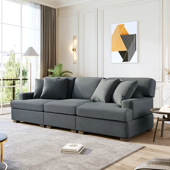 Серый трехместный диван со съемной спинкой и подушками сиденья и 4 Удобными подушками