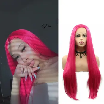 Сильвия Роуз Ред Синтетические волосы для женщин бесклеевые натуральные темно-розовые кружевные парики спереди, Трансвеститы, сменный парик на Хэллоуин