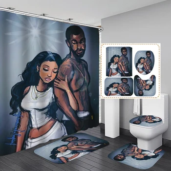 Сильный мужчина и сексуальная женщина Тканевая занавеска для душа Афроамериканские женщины Занавески для ванной комнаты Нескользящие коврики Ковер Коврик для унитаза и ванны