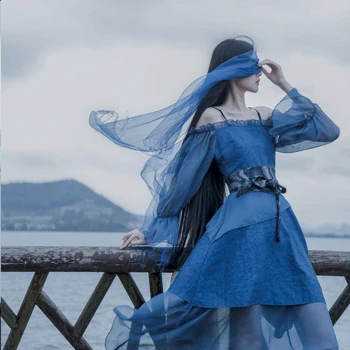 Синее кимоно, японские традиционные платья для женщин, вуаль, пояс Оби, Летняя юбка на подтяжках, Сказочное платье Юката, Одноцветное изделие с открытыми плечами