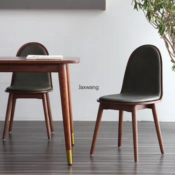 Скандинавские простые обеденные стулья Дизайнерский кухонный стул из массива дерева Орех Простая домашняя кожаная Мягкая сумка Роскошный обеденный стул со спинкой