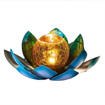 Солнечные фонари для наружного сада, Янтарный Хрустящий глобус, Стеклянное украшение в виде Лотоса, водонепроницаемый серый металлический светильник в виде цветка