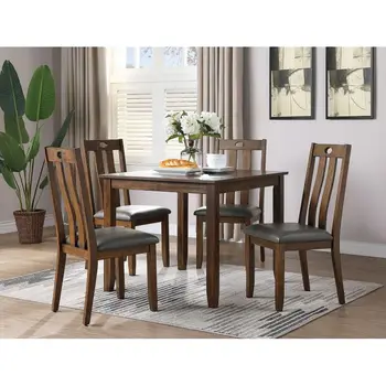 Столовая с натуральной коричневой отделкой, набор из 5 предметов, Кухонный Обеденный стол для завтрака, деревянные сиденья с подушками, Стулья, Мебель для столовой