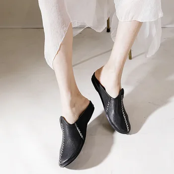 Туфли-мюли из мягкой кожи, летние женские туфли с квадратным носком на плоском каблуке, черные повседневные тапочки, женская обувь в стиле ретро из натуральной кожи на низком каблуке 2023