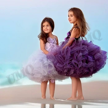 Фиолетовое пышное платье на бретелях для дня рождения малыша, платье для девочки с цветами, бусы, свадебная вечеринка, показ мод на заказ, Первое причастие