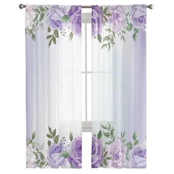 Фиолетовые акварельные цветы и листья весной, прозрачные шторы для гостиной, спальни, обработки окон, кухни, Шифоновая занавеска