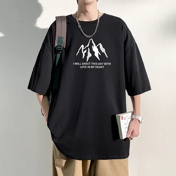 Футболка для мужчин, Мужская одежда 2023, летняя Хлопковая футболка с Аниме Буквенным принтом, футболка Оверсайз Harajuku, Винтажный топ с коротким рукавом