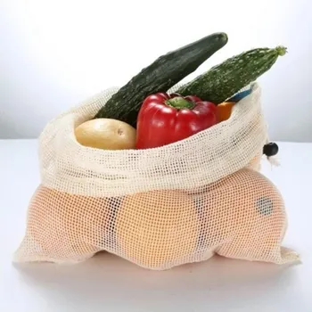 Хлопчатобумажные Сетчатые мешки для овощей Сумка для продуктов многоразового использования Хлопчатобумажная Сетчатая сумка для хранения овощей Кухонные Фрукты Овощи со шнурком