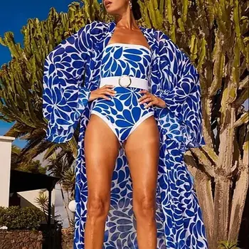 Цельный купальник с синим принтом и открытыми плечами, закрывающий купальник из двух частей, летняя пляжная одежда, купальники для отпуска