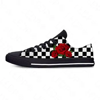 Черно-белые квадраты Розы, забавные повседневные тканевые туфли с низким верхом, легкие дышащие женские кроссовки с 3D-принтом