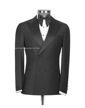 Черные Мужские костюмы, Свадебные Смокинги, Двубортная одежда с остроконечными лацканами, Формальный Блейзер для жениха, Комплекты брюк для выпускного вечера, Куртка + брюки