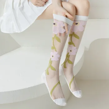 Шелковые длинные носки с цветочным узором, Чулки для женщин и девочек, Летние Ультратонкие Прозрачные гольфы, Сексуальные кружевные сетчатые чулки в сеточку
