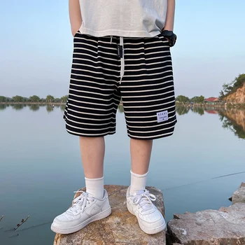 Шорты для маленьких мальчиков Летние спортивные шорты в полоску для мальчиков свободного кроя с эластичной резинкой на талии Молодежные брюки Детская одежда 6-14 лет