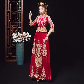 Элегантная Невеста Винтажное Китайское Традиционное Свадебное Платье Ципао С Воротником-Стойкой И Длинной Красной Вышивкой Cheongsam китайская одежда