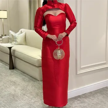 Элегантные Красные вечерние платья с длинным высоким воротом, атласное мусульманское вечернее платье Robe De Mariée длиной до пола для женщин