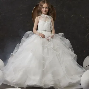 Элегантные свадебные платья с оборками из белого тюля для девочек-цветочниц, без рукавов, с круглым вырезом, расшитые блестящими бусинами, платья принцессы для первого причастия
