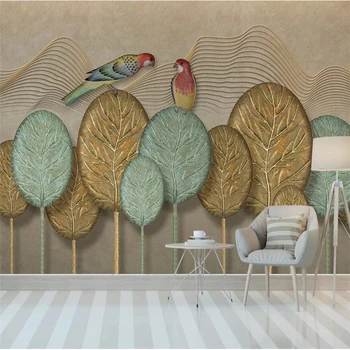 обои wellyu на заказ 3d фреска скандинавский минималистичный абстрактный фон ручной росписи с золотыми листьями и лесным попугаем фоновые обои обои