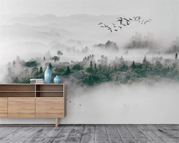 обои на заказ beibehang фотографии современный минималистичный скандинавский стиль птичий туман сосновый лес облачный туман ТВ фон Papel de Pared