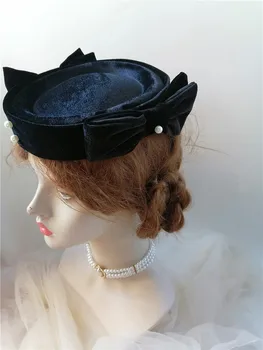 черная бархатная Женская Вечерняя кепка для вечеринки, Викторианский косплей, Средневековые шляпы, Винтажные шляпы для девочек, Богемная Цветочная шапочка